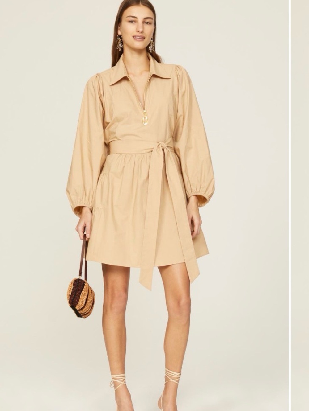 Tanya Taylor Beige Mini Dress with Gold Zip Pull S new